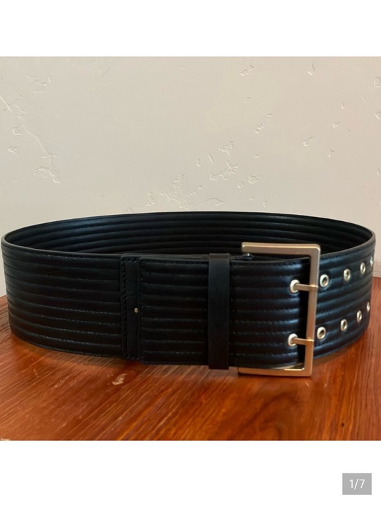 All Saints Black Ribbed Wide Leather Belt with Silver Buckle Sz L main image 4